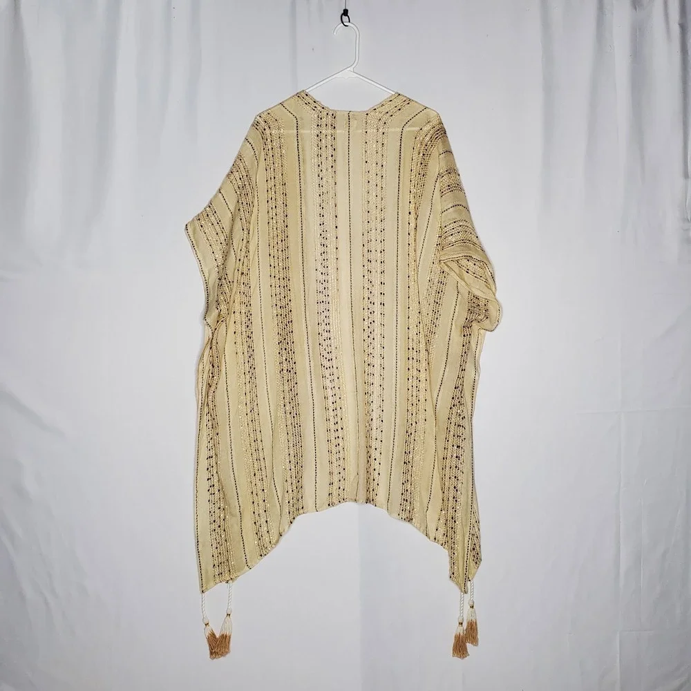 Surf Gypsy Cover Up Medium Beige Textured Stripe Tassel Boho Airy‎ Minimalist